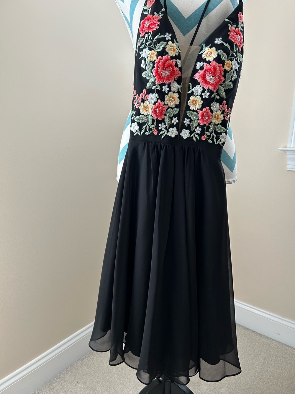 Faviana Black Midi Dress with Pink, Yellow & Green Floral Embroidery